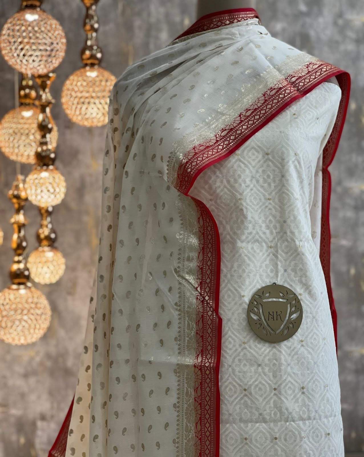 Off white resham weave Banarasi Suit & Lorex Contrast Border Red Dupatta 1200SKL_BM4