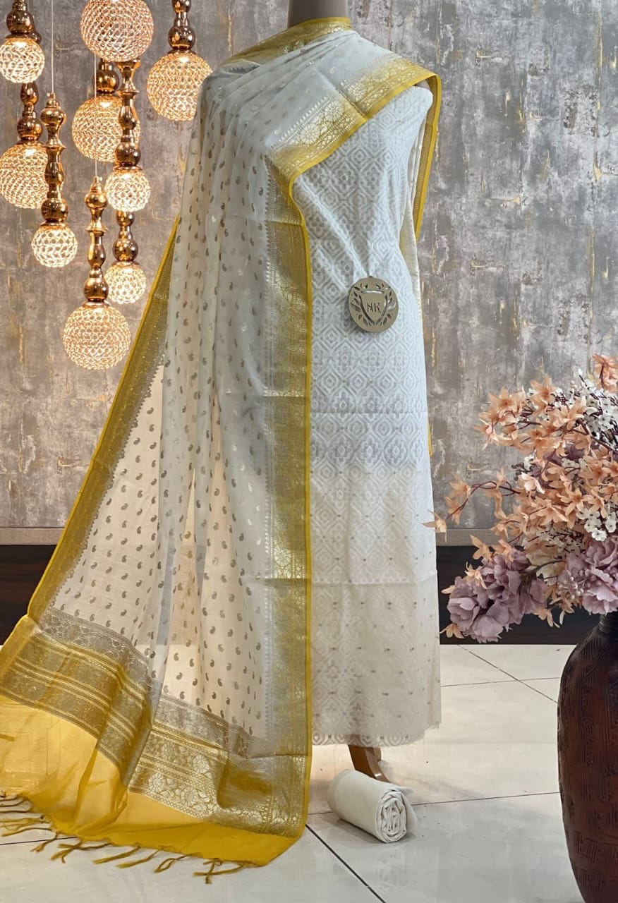 Off white resham weave Banarasi Suit & Lorex Contrast Border Gold Dupatta 1200SKL_BM5