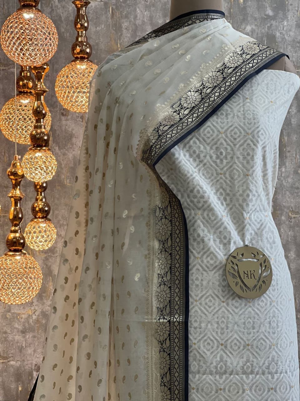 Off white resham weave Banarasi Suit & Lorex Contrast Border Black Dupatta 1200SKL_BM6