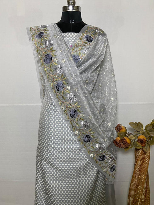 Grey Banarasi Cotton Embroidered Suit with Heavy Organza Floral Embroidery Dupatta 1200SKL_CSE3