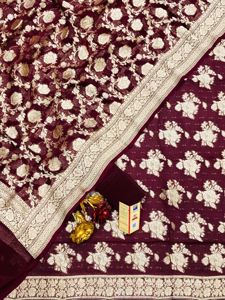 Wine Georgette Silk Floral Banarasi Suit Set 1200SKL_GS1