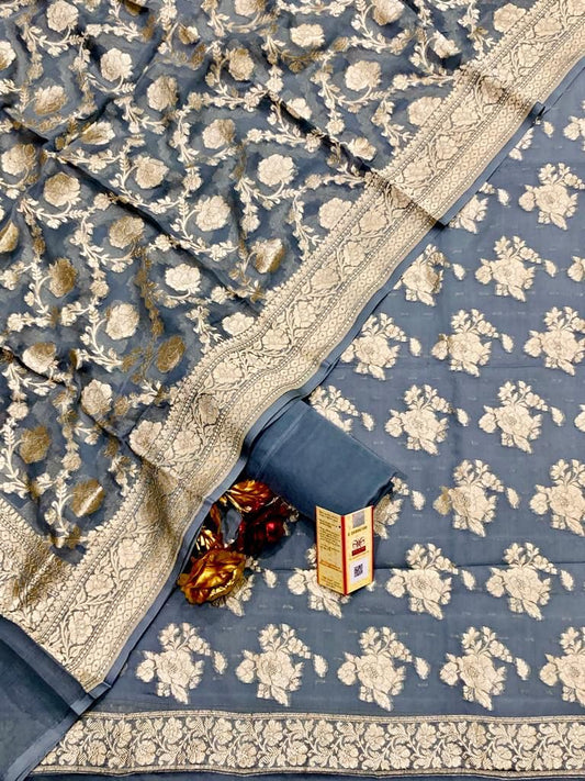 Grey Georgette Silk Floral Banarasi Suit Set 1200SKL_GS2