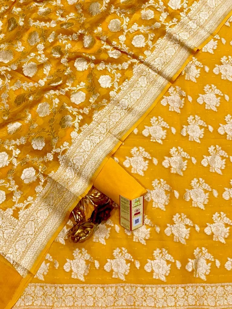 Gold Georgette Silk Floral Banarasi Suit Set 1200SKL_GS3