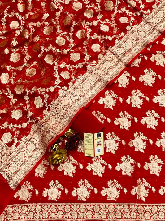 Red Georgette Silk Floral Banarasi Suit Set 1200SKL_GS4
