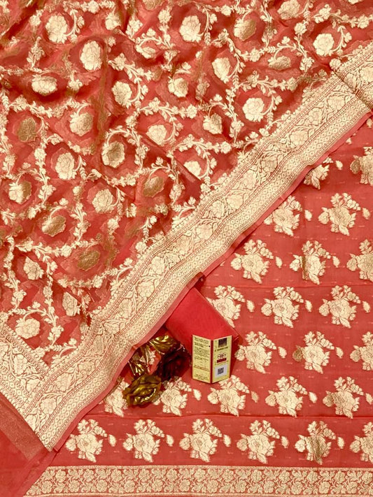Peach Georgette Silk Floral Banarasi Suit Set 1200SKL_GS5