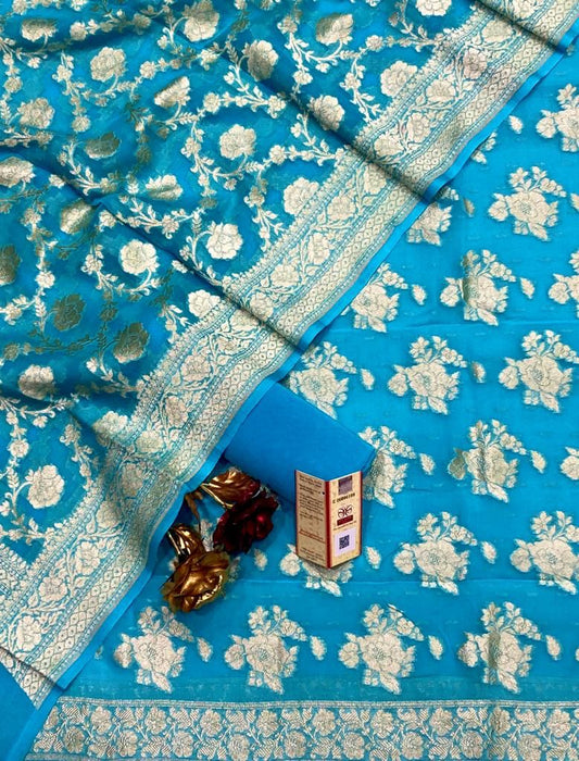 Sky Blue Georgette Silk Floral Banarasi Suit Set 1200SKL_GS6