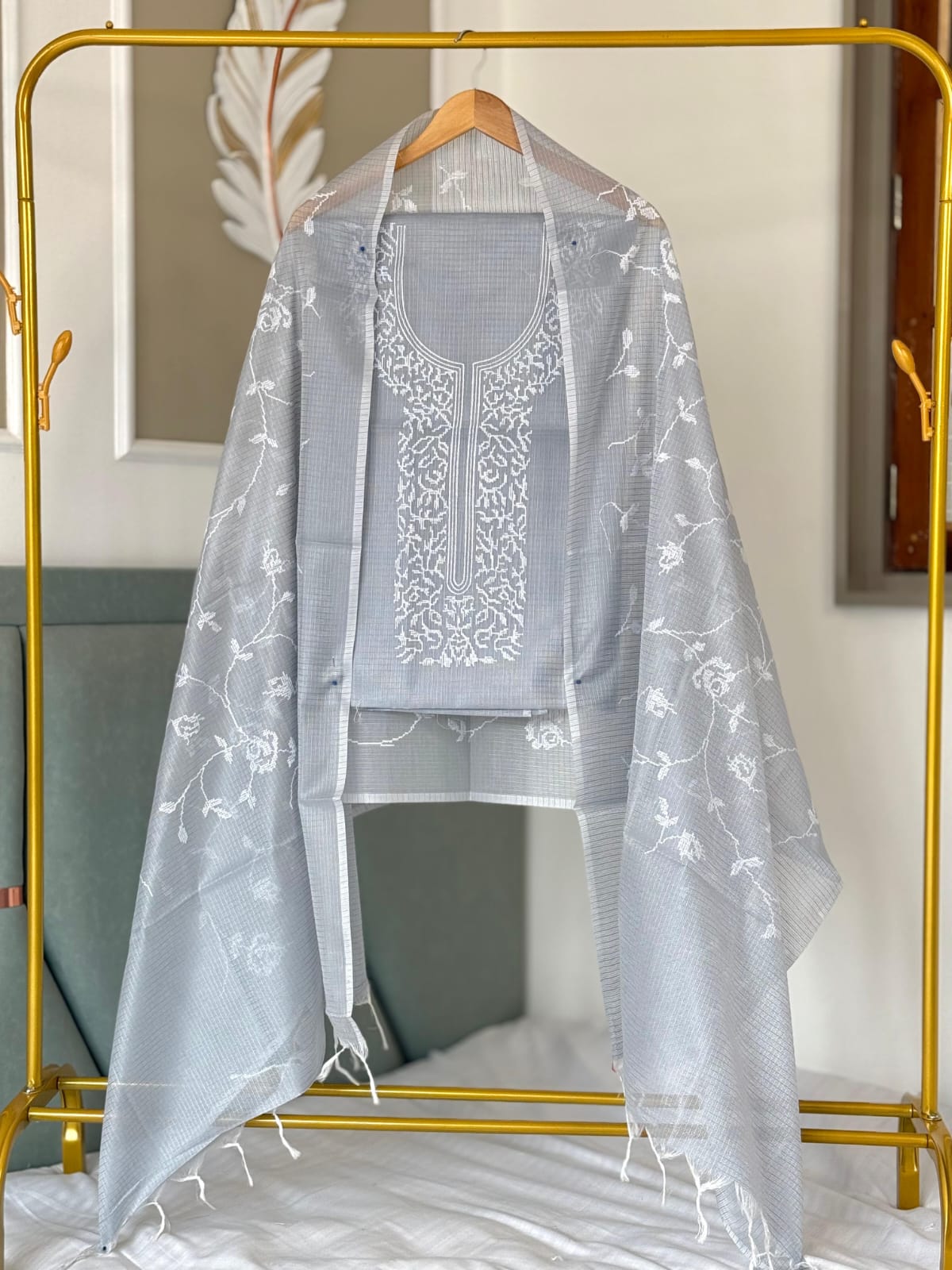 Serene Grey Kota check Necklace Banarasi Suit with White Thread Embroidery 1200SKL_KNE1