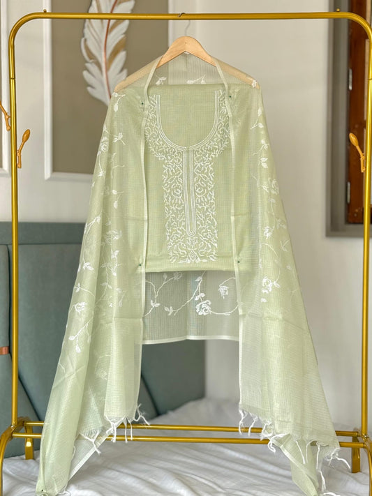 Pista Green Kota check Necklace Banarasi Suit with White Thread Embroidery 1200SKL_KNE2