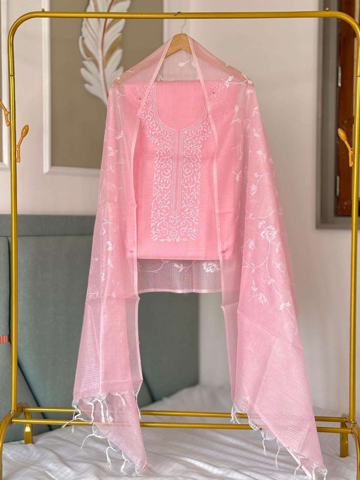 Pink Kota check Necklace Banarasi Suit with White Thread Embroidery 1200SKL_KNE4
