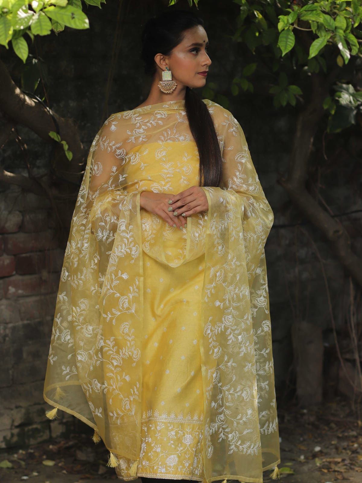 Yellow Organza Silk Embroidery Banarasi 3 Pcs Suit Set 1200Skl_OG1