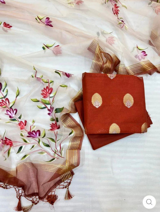 Red Pure Mercerised Lurex Weave Banarasi Suit with Handbrush Floral Organza Silk Dupatta 1200SKL_OS2