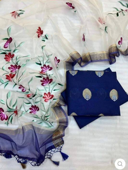 Blue Pure Mercerised Lurex Weave Banarasi Suit with Handbrush Floral Organza Silk Dupatta 1200SKL_OS3