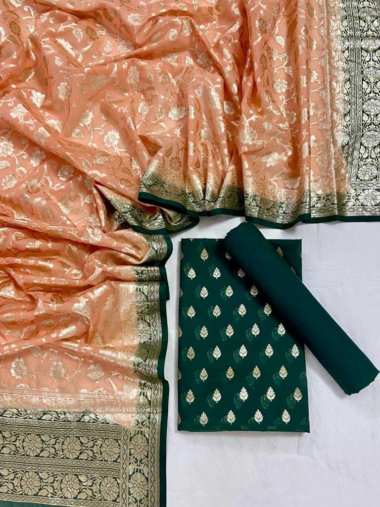 Dark Green Mercerised Lorex Weave With Contrast Dupatta Banarasi 3 Pcs Suit Set 1200SKL_PM17
