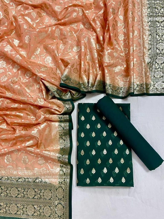 Dark Green Mercerised Lorex Weave With Contrast Dupatta Banarasi 3 Pcs Suit Set 1200SKL_PM17