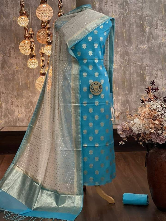 Blue Mercerised Lorex Weave Booti With Off-White Dupatta Banarasi 3 Pcs Suit Set 1200SKL_PML1
