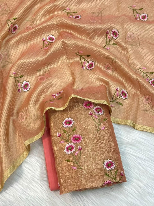 Peach Tissue Silk Embroidered Banarasi 3 pcs Suit Set 1200SKL_TSE1
