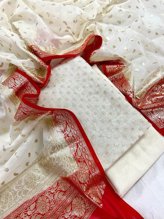 Red Pure Mercerised Lorex weave Contrast Dupatta Banarasi Suit Set 1200SKL_PM21