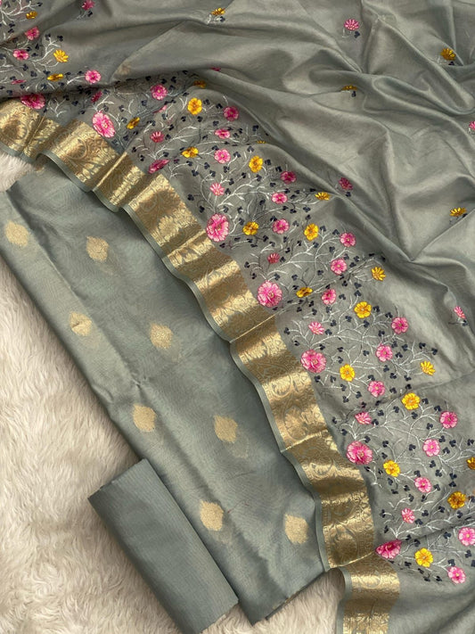 Grey Pure Mercerised Zari Booti with Embroidery Dupatta Banarasi Suit Set 1200SKL_PME21