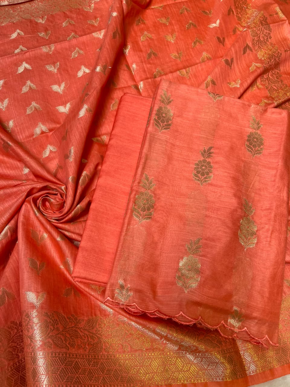 Orange Cotton Linen Floral Zari Booti Banarasi Suit with Zari Booti Dupatta 120DAN_CL11