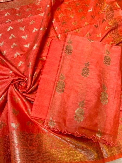Orange Cotton Linen Floral Zari Booti Banarasi Suit with Zari Booti Dupatta 120DAN_CL11
