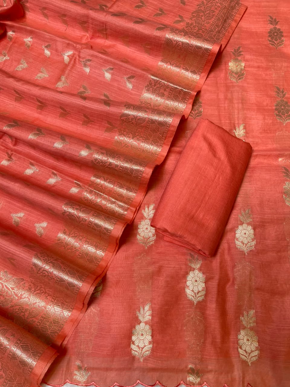 Orange Cotton Linen Floral Zari Booti Banarasi Suit with Zari Booti Dupatta 120DAN_CL11