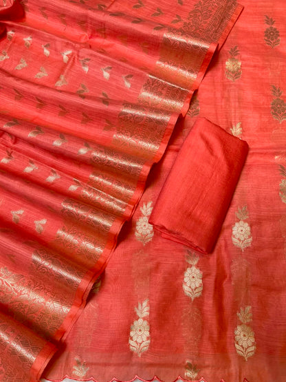 Orange Cotton Linen Floral Zari Booti Banarasi Suit with Zari Booti Dupatta 120DAN_CL11