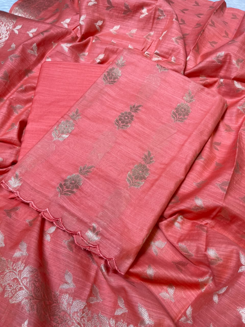 Orange Cotton Linen Floral Zari Booti Banarasi Suit with Zari Booti Dupatta 120DAN_CL11
