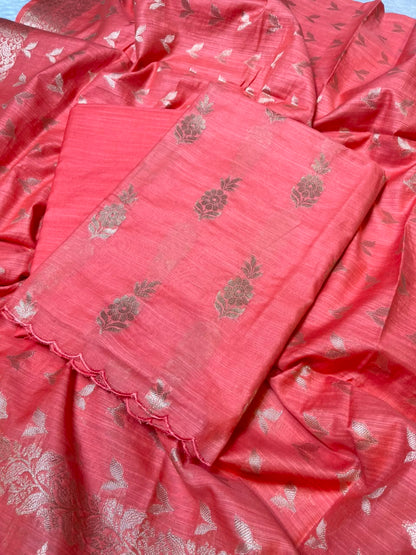 Orange Cotton Linen Floral Zari Booti Banarasi Suit with Zari Booti Dupatta 120DAN_CL11