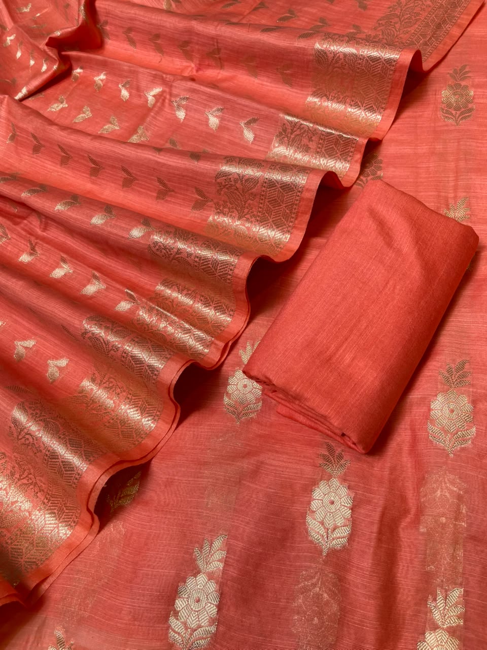 Orange Cotton Linen Floral Zari Booti Banarasi Suit with Zari Booti Dupatta 120DAN_CL11