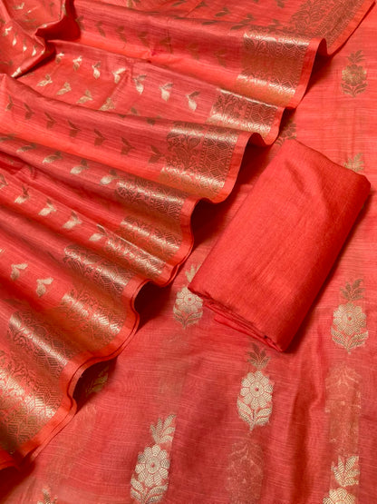 Orange Cotton Linen Floral Zari Booti Banarasi Suit with Zari Booti Dupatta 120DAN_CL11