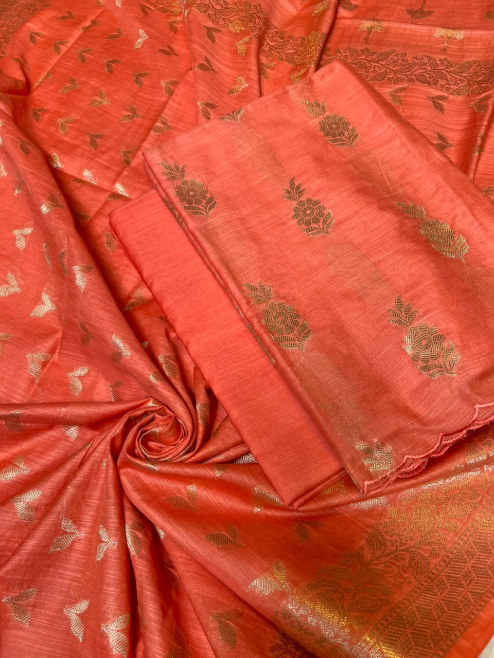 Orange Cotton Linen Floral Zari Booti Banarasi Suit with Zari Booti Dupatta 120DAN_CL11