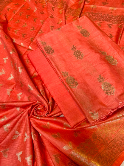 Orange Cotton Linen Floral Zari Booti Banarasi Suit with Zari Booti Dupatta 120DAN_CL11