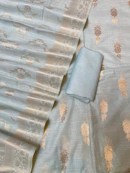 Grey Cotton Linen Floral Zari Booti Banarasi Suit with Zari Booti Dupatta 120DAN_CL13