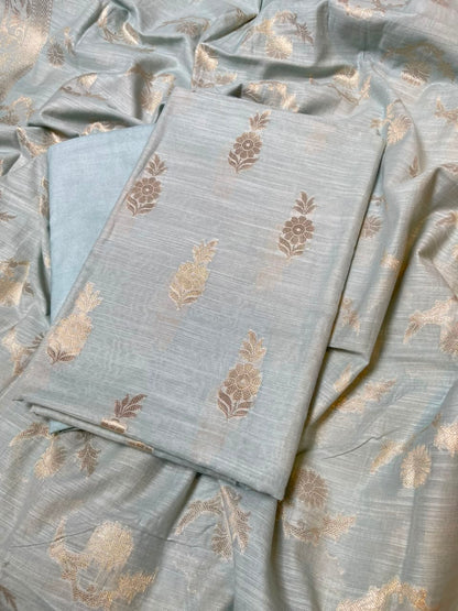 Grey Cotton Linen Floral Zari Booti Banarasi Suit with Zari Booti Dupatta 120DAN_CL13