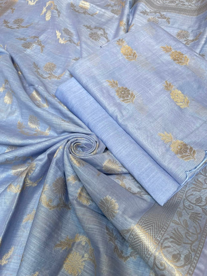 Light Blue Cotton Linen Floral Zari Booti Banarasi Suit with Zari Booti Dupatta 120DAN_CL14