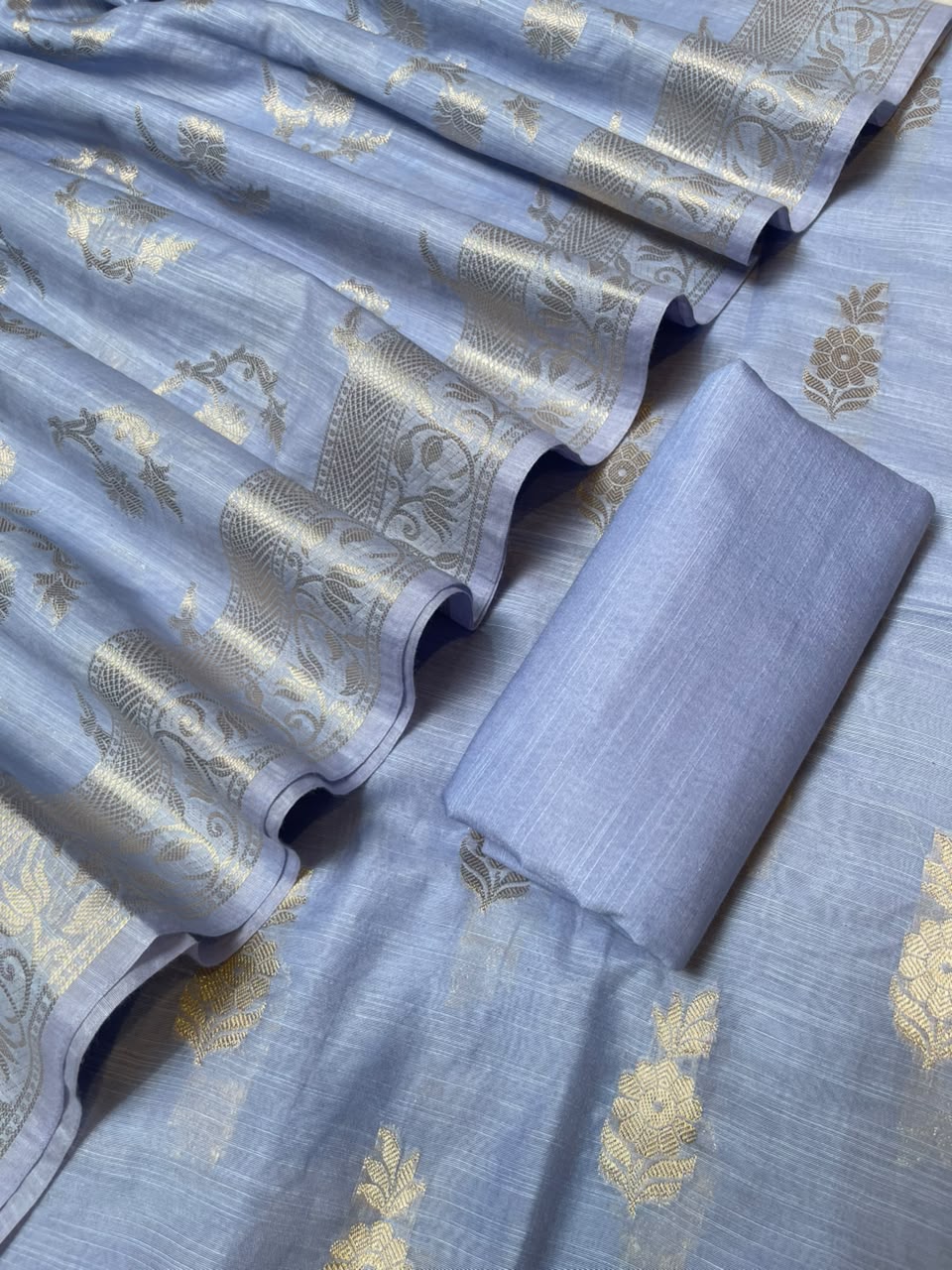 Light Blue Cotton Linen Floral Zari Booti Banarasi Suit with Zari Booti Dupatta 120DAN_CL14