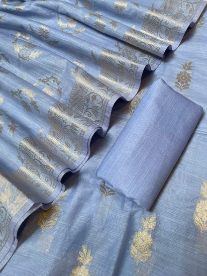 Light Blue Cotton Linen Floral Zari Booti Banarasi Suit with Zari Booti Dupatta 120DAN_CL14