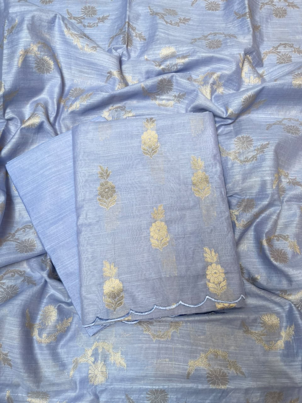Light Blue Cotton Linen Floral Zari Booti Banarasi Suit with Zari Booti Dupatta 120DAN_CL14