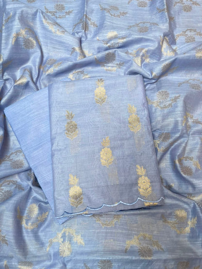 Light Blue Cotton Linen Floral Zari Booti Banarasi Suit with Zari Booti Dupatta 120DAN_CL14