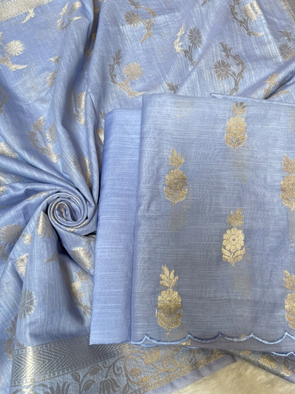 Light Blue Cotton Linen Floral Zari Booti Banarasi Suit with Zari Booti Dupatta 120DAN_CL14