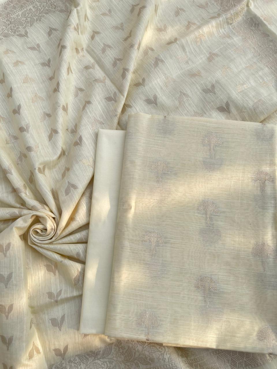 Cream Cotton Linen Floral Zari Booti Banarasi Suit with Patti Booti Dupatta 120DAN_CL7
