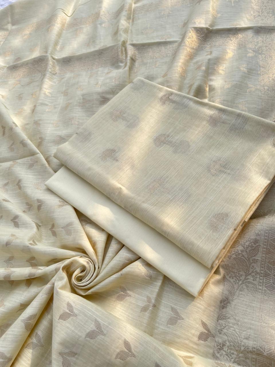 Cream Cotton Linen Floral Zari Booti Banarasi Suit with Patti Booti Dupatta 120DAN_CL7
