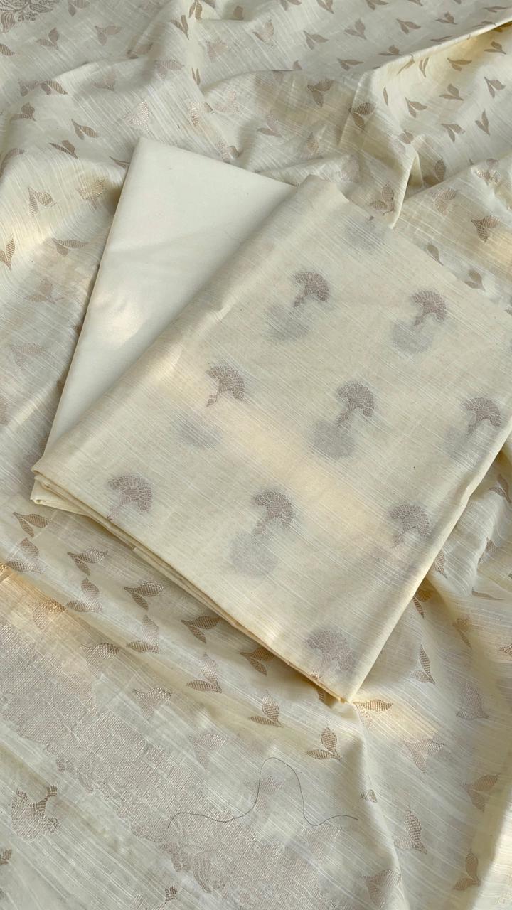 Cream Cotton Linen Floral Zari Booti Banarasi Suit with Patti Booti Dupatta 120DAN_CL7