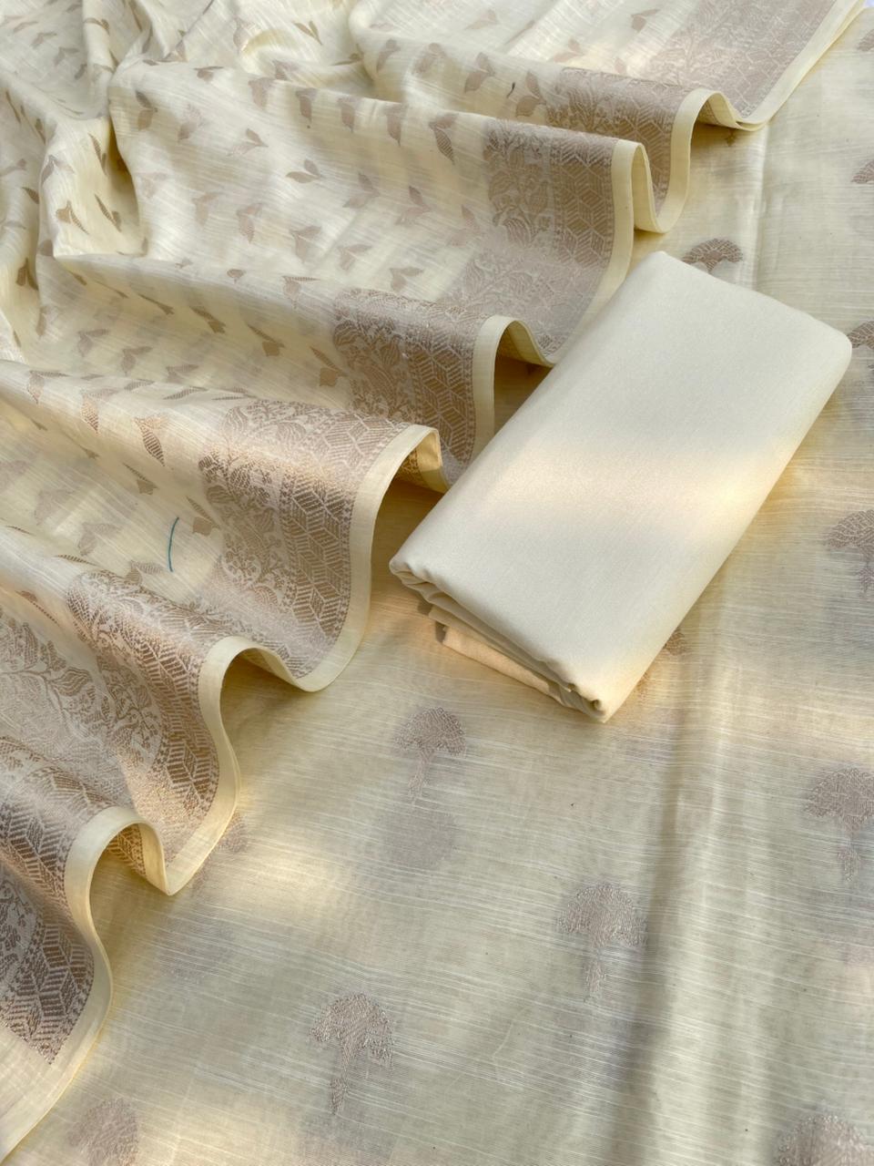 Cream Cotton Linen Floral Zari Booti Banarasi Suit with Patti Booti Dupatta 120DAN_CL7