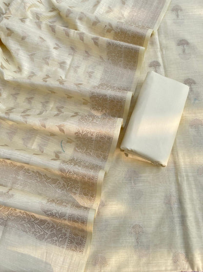 Cream Cotton Linen Floral Zari Booti Banarasi Suit with Patti Booti Dupatta 120DAN_CL7