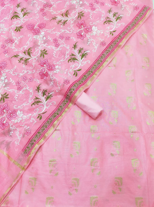 Pink Pure Mercerised Resham Mina Embroidery Dupatta Banarasi Suit Set 1250SKL_RM1