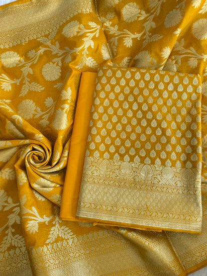Mustard Gold Katan Upada Silk Floral Zari Booti Banarasi Suit with Alfi Zari Jaal Dupatta  1250DAN_KU4