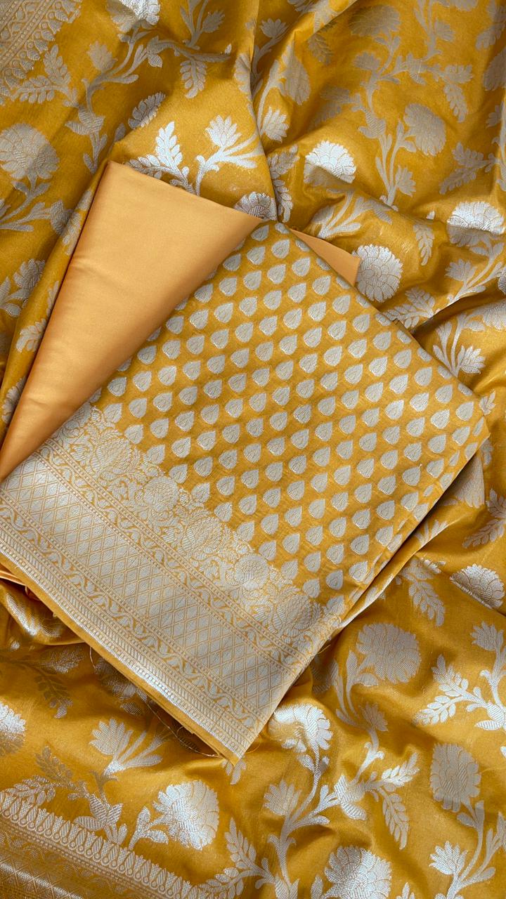 Mustard Gold Katan Upada Silk Floral Zari Booti Banarasi Suit with Alfi Zari Jaal Dupatta  1250DAN_KU4