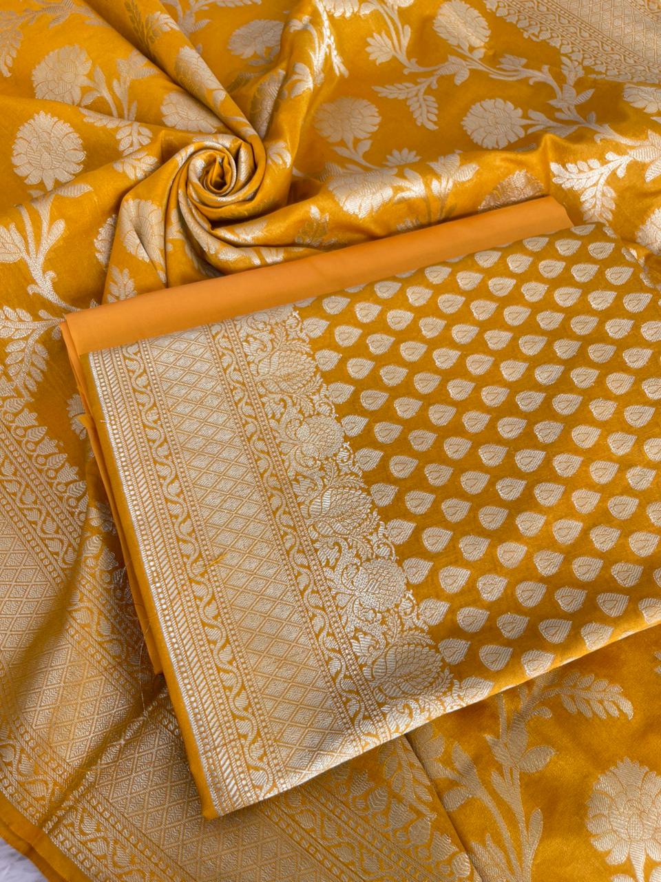 Mustard Gold Katan Upada Silk Floral Zari Booti Banarasi Suit with Alfi Zari Jaal Dupatta  1250DAN_KU4