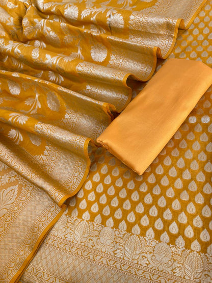 Mustard Gold Katan Upada Silk Floral Zari Booti Banarasi Suit with Alfi Zari Jaal Dupatta  1250DAN_KU4